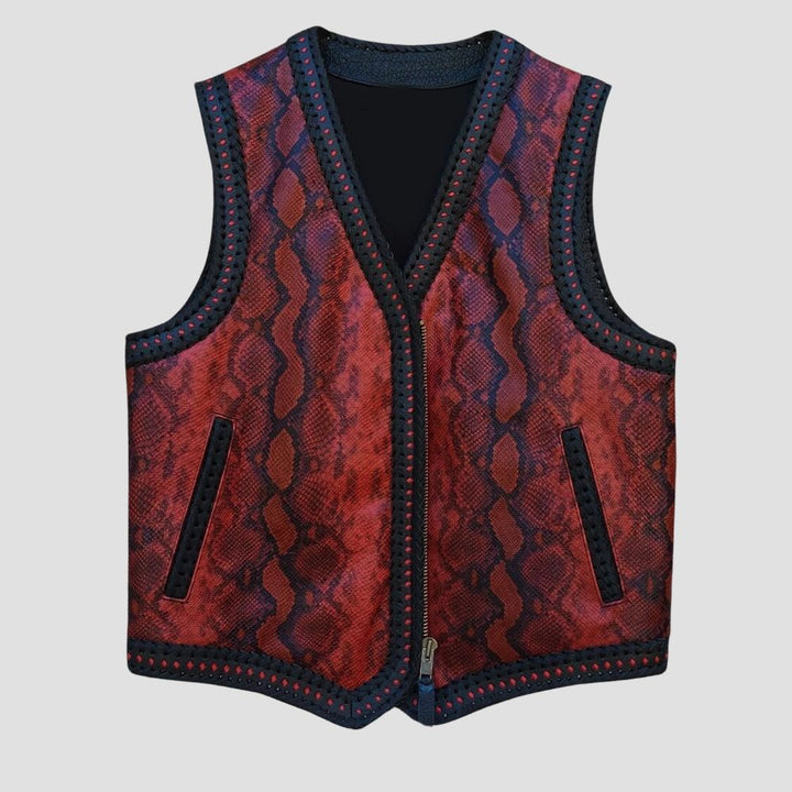 Premium red python embossed leather vest for motorcycle riders.