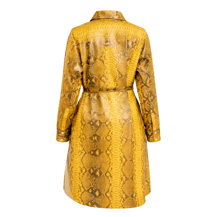 Python snakeskin leather trench coat with exotic embossed finish and belted waist