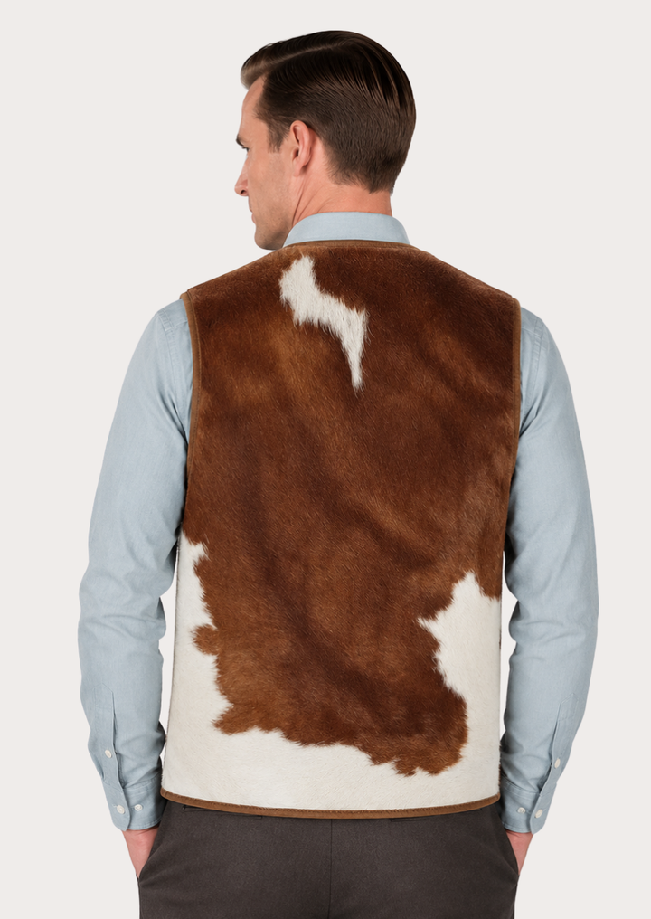 Ranch-inspired Western vest for men in natural brown and white cowhide