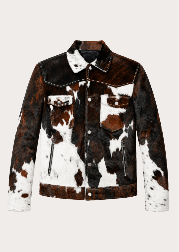 Real cow skin print leather jacket with authentic fur 
