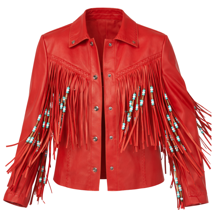 Red leather fringe jacket for women with stylish western design