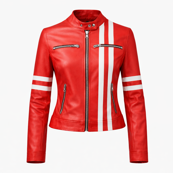 Red leather stripe jacket with modern stylish design
