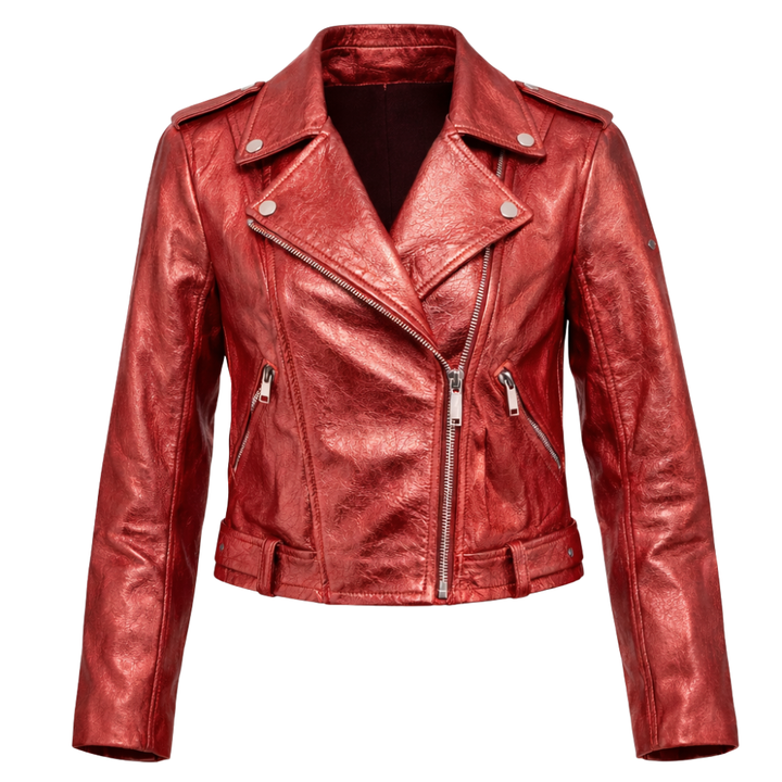Ladies red shimmer metallic leather jacket with reflective coating