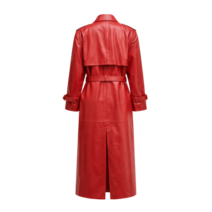 Ladies red genuine sheepskin trench coat with button closure and tailored fit