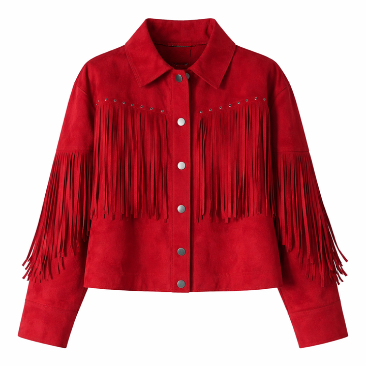 Red suede fringe jacket with tassel details