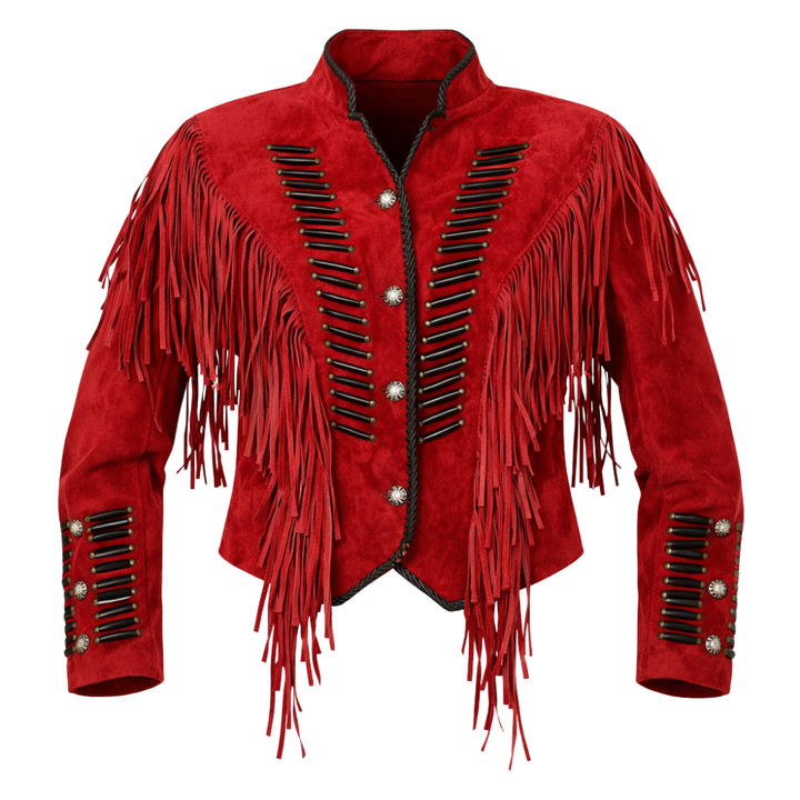 Women's red western fringed suede jacket with cowgirl styling