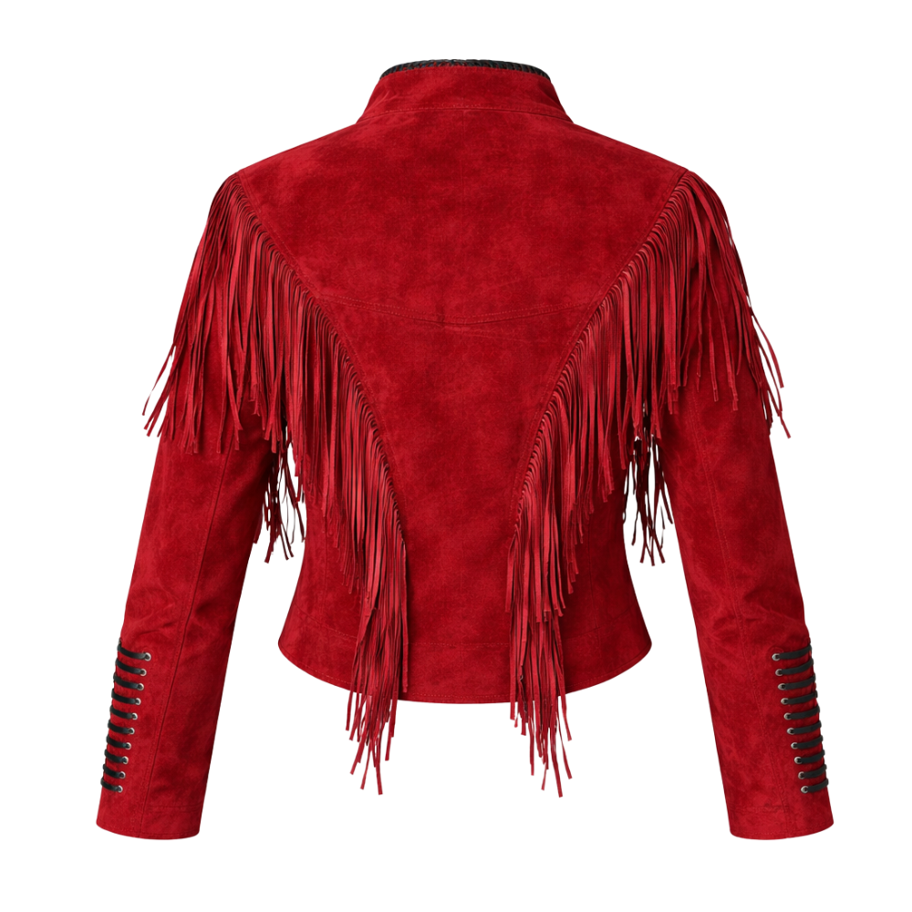 Crimson red suede western fringe jacket with authentic western design and tassels