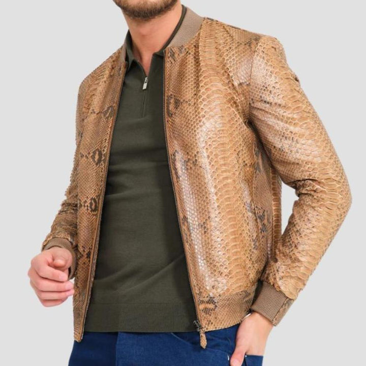 Men’s brown leather bomber jacket with python-inspired texture.