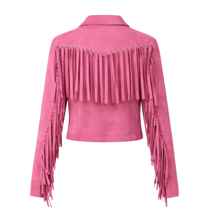 Rose pink suede bohemian fringe jacket with decorative tassels
