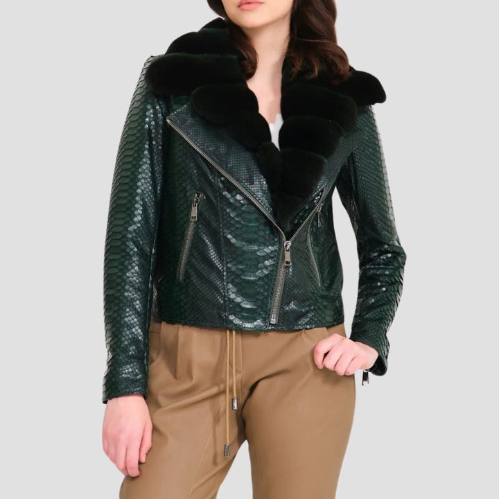 Stay warm and stylish during winter adventures with this rugged python shearling jacket for women. The python exterior and shearling interior provide both fashion and comfort.