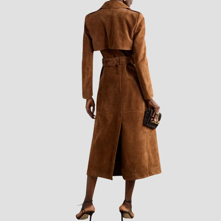 Embrace bold layering with this rugged suede long coat for women, designed to provide an elegant yet rugged look for those who appreciate timeless style and comfort.