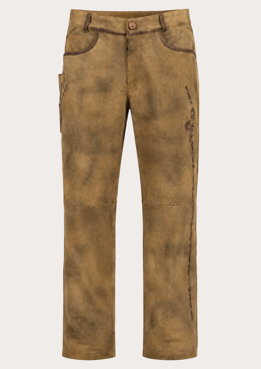 Rustic Alpine tan Lederhosen long pants for Oktoberfest with traditional Bavarian styling