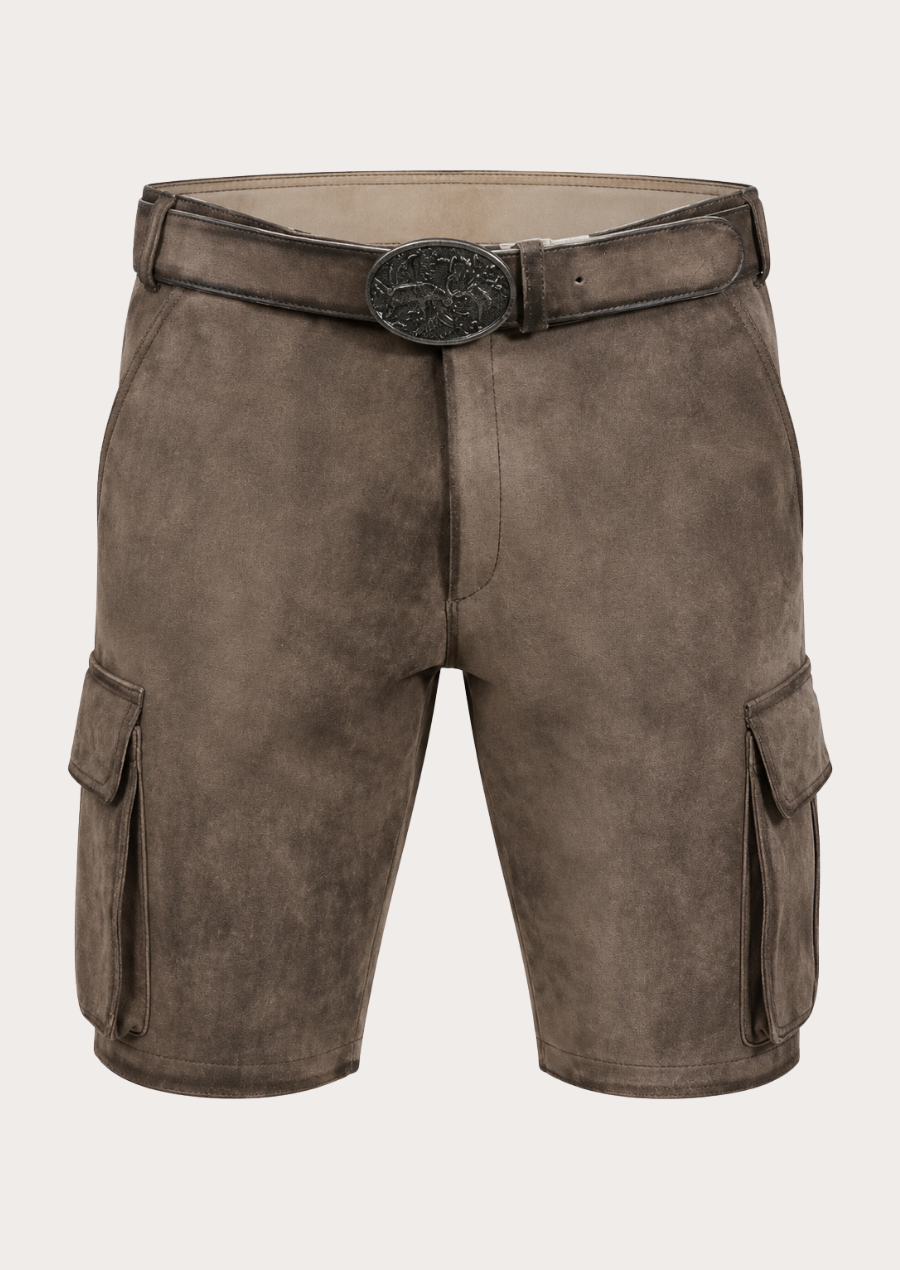 Rustic Bavarian cargo Lederhosen leather shorts for men with traditional Alpine styling