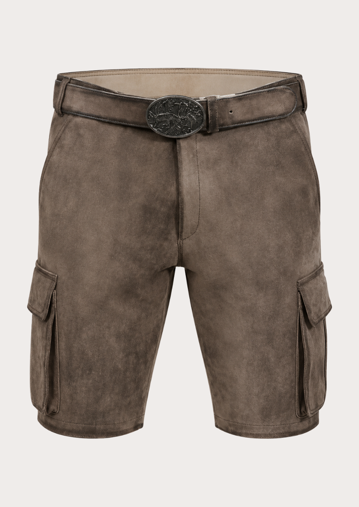 Rustic Bavarian cargo Lederhosen leather shorts for men with traditional Alpine styling