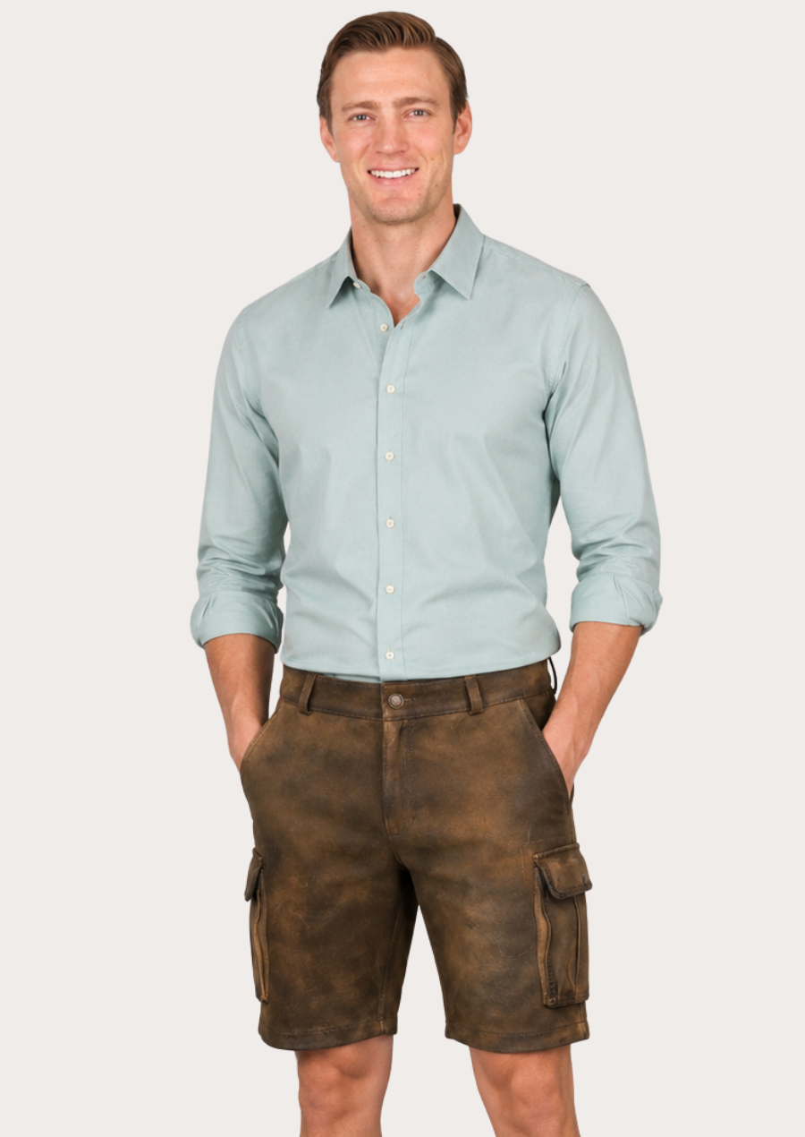 Traditional Bavarian Lederhosen shorts featuring practical cargo pockets and rustic detailing
