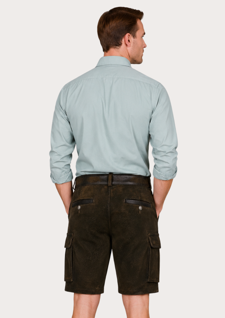 Rustic black Lederhosen cargo shorts inspired by Bavarian and Tyrolean traditions