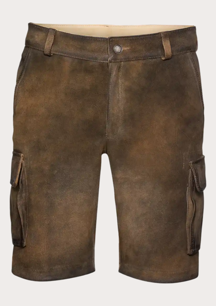 Rustic brown cargo Lederhosen shorts for men with traditional Bavarian styling