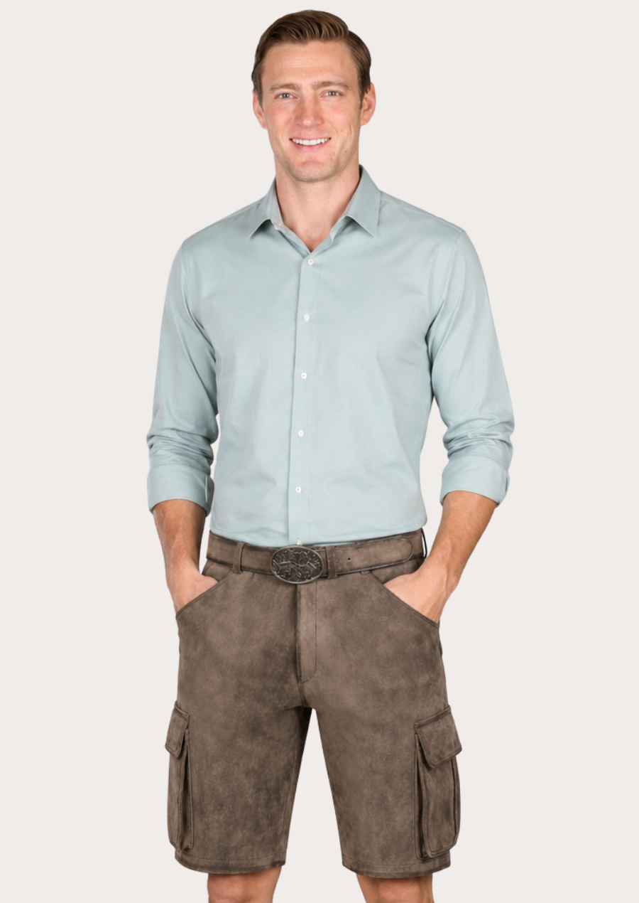 Premium Bavarian cargo Lederhosen shorts crafted from durable rustic leather for men