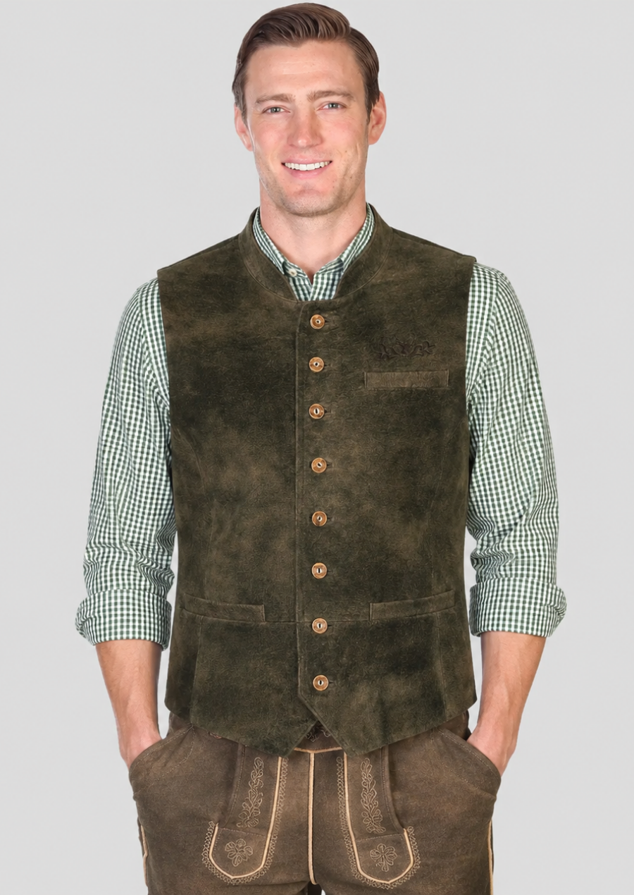Rustic olive suede leather Oktoberfest vest for men with traditional Bavarian styling