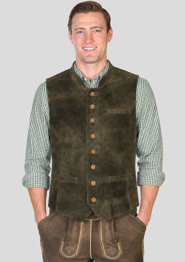 Rustic olive suede leather Oktoberfest vest for men with traditional Bavarian styling