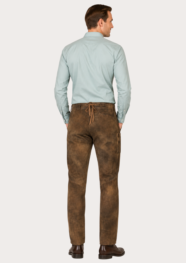 Premium distressed suede leather pants inspired by traditional Bavarian fashion