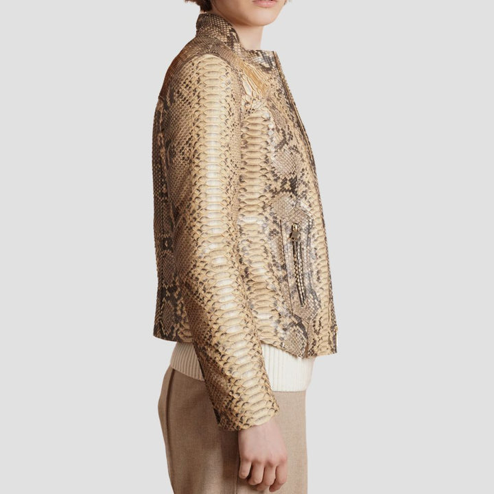 Elevate your style with this ladies' snakeskin leather jacket. Featuring a modern moto design, it's perfect for adding a bold edge to your wardrobe.
