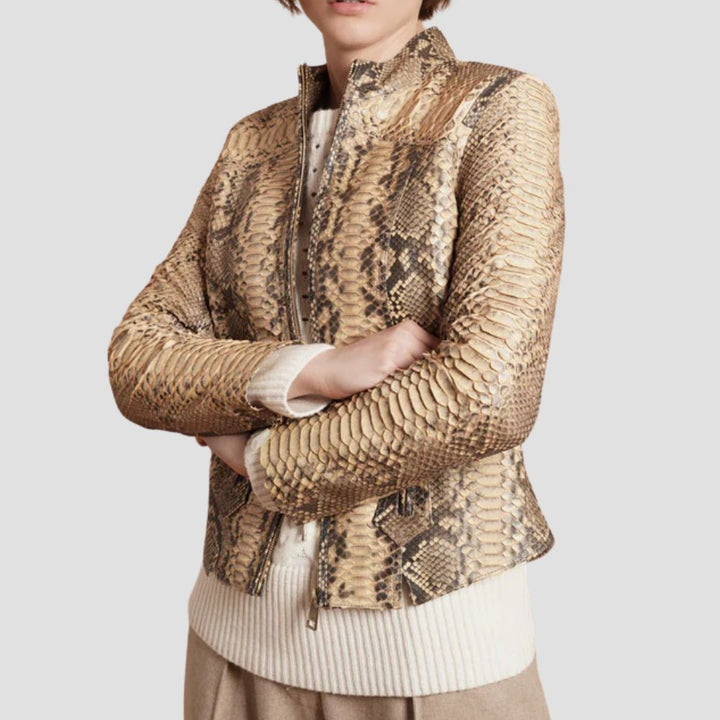 Turn heads with this ladies' snakeskin leather jacket. Its modern moto style and detailed craftsmanship make it the ultimate statement piece for any wardrobe.