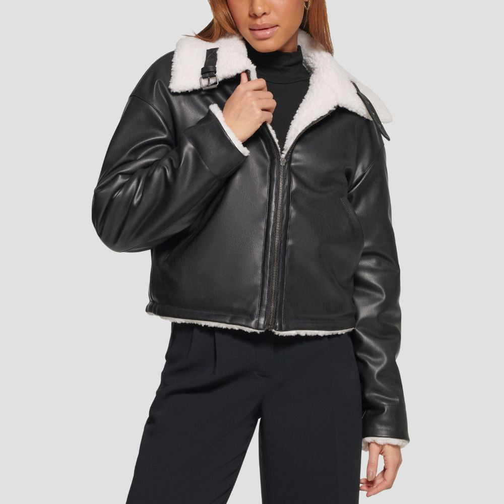 Shop a stylish women’s fur leather jacket for modern street fashion. The fur accents and sleek leather offer a chic, edgy look perfect for city wear.