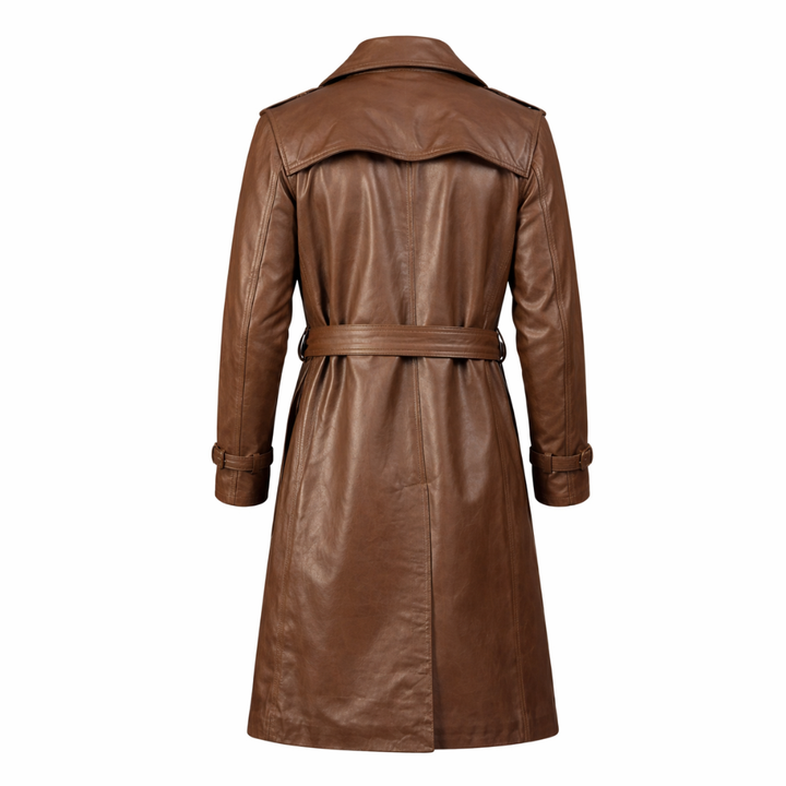Men brown leather duster coat made from premium sheepskin
