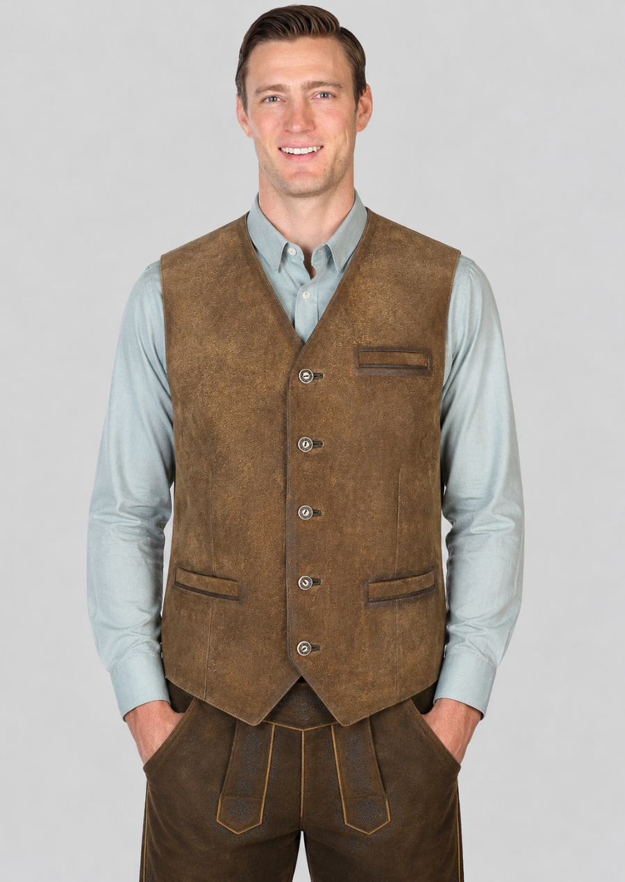 Premium sheepskin leather waistcoat for men designed for Oktoberfest celebrations