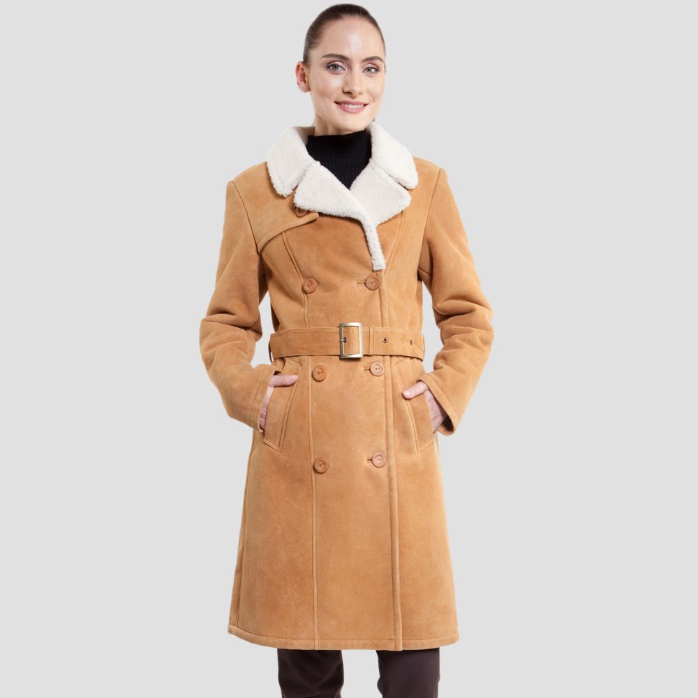 Elevate your winter style with this chic brown suede trench coat for women, featuring a plush shearling lining for added warmth and sophistication.