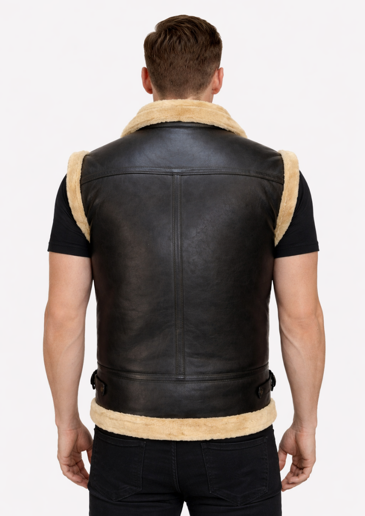 Premium black leather vest with faux fur for cozy cold weather wear