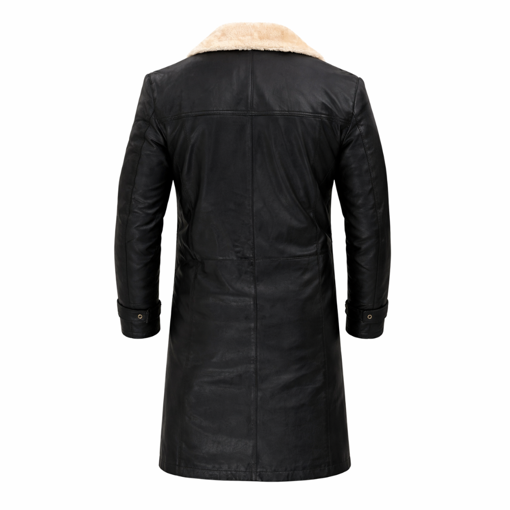 Men black shearling leather coat with classic winter style