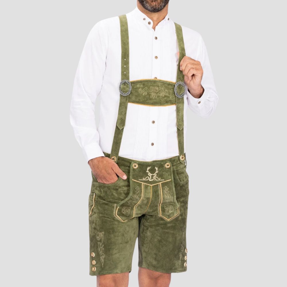 Stand out at Oktoberfest with these stylish green Lederhosen, offering the perfect blend of tradition and modern flair.