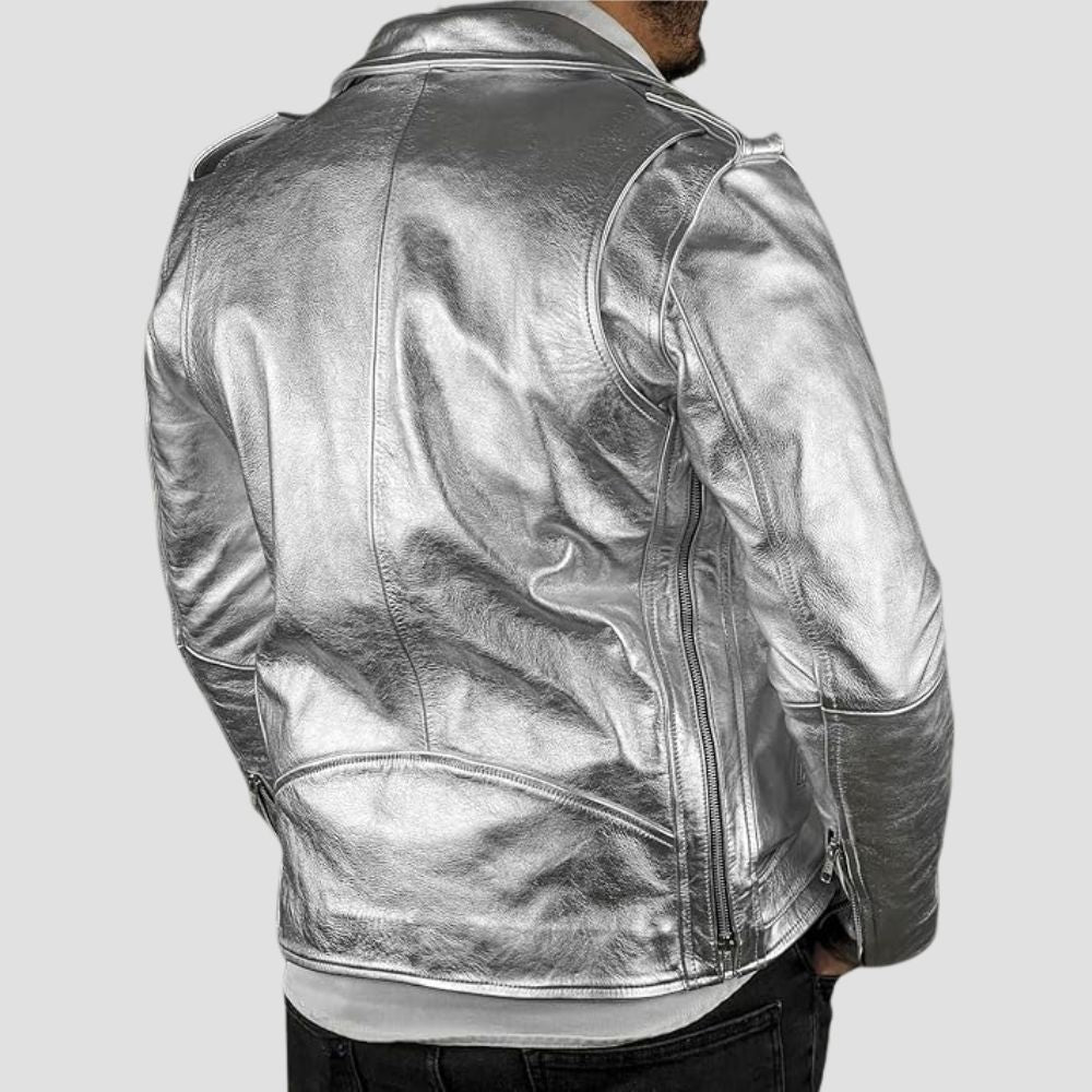 Sleek and modern, this silver metallic jacket is the perfect addition to any men’s urban fashion wardrobe.