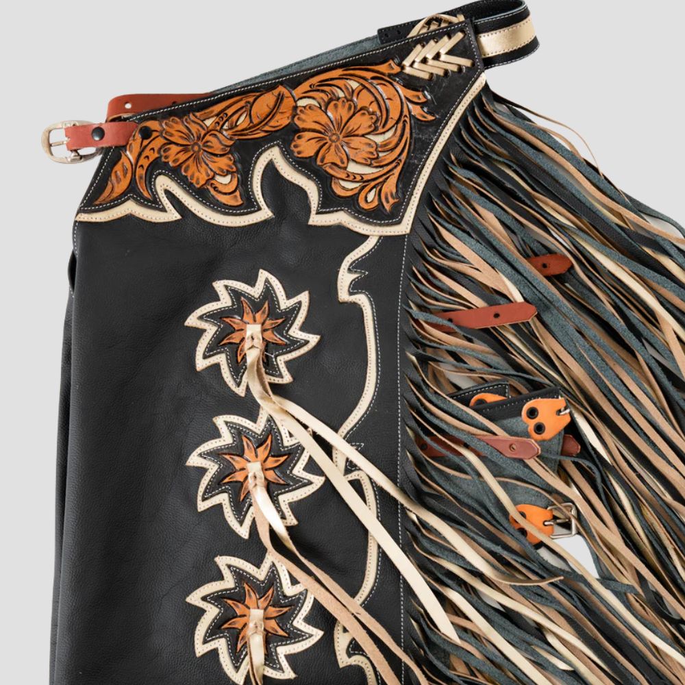 Crafted for western riding, these premium leather chaps offer both style and durability for your next rodeo competition.