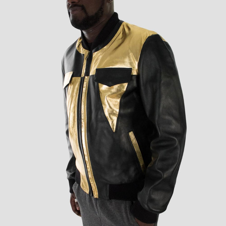 This premium black and gold bomber jacket is designed for men who appreciate high-end fashion with a unique touch.