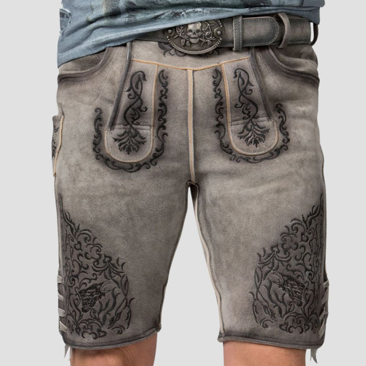 Add a touch of tradition to your fall and winter wardrobe with these stylish men’s Lederhosen, featuring intricate embroidery