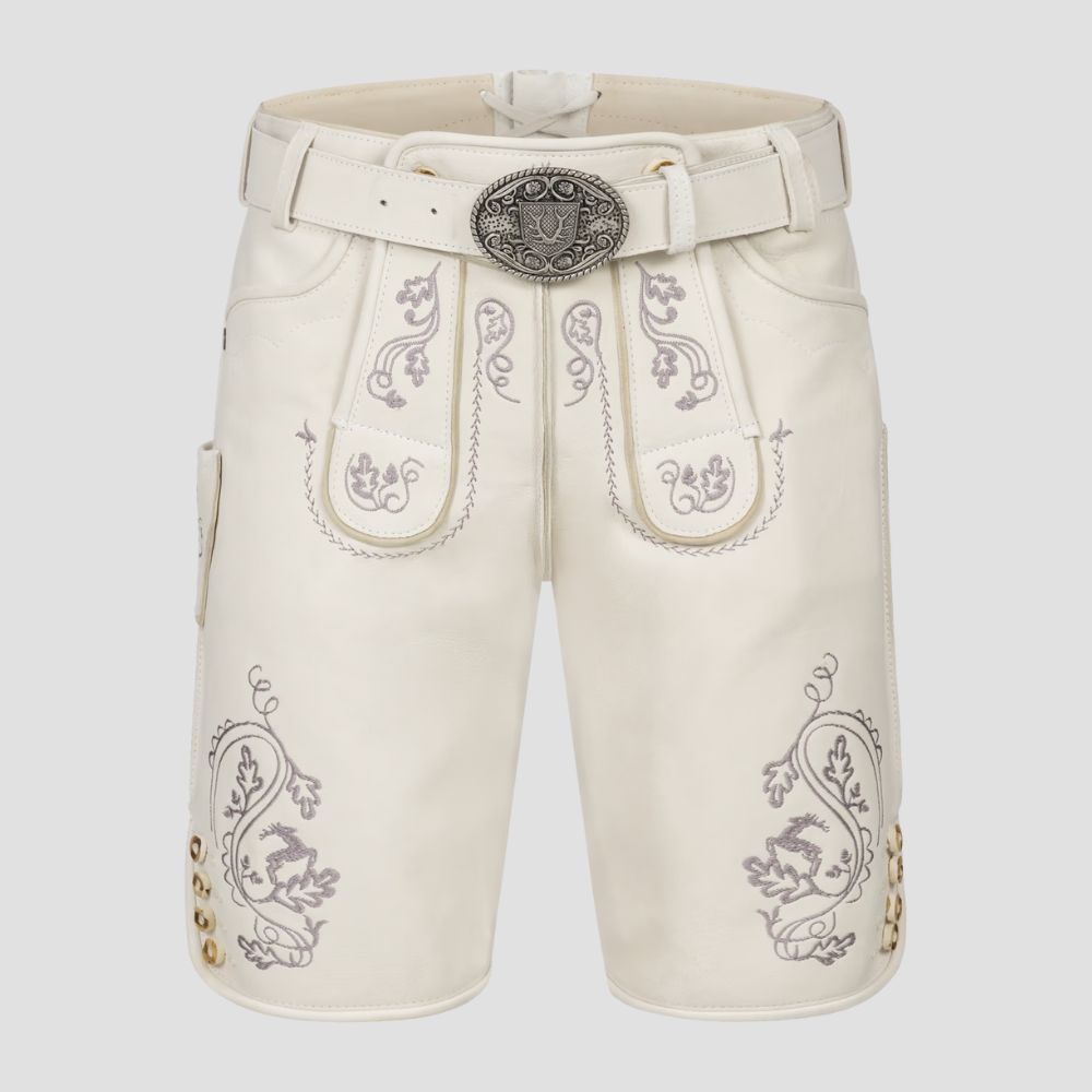 Make a bold statement at Oktoberfest with these vibrant white Lederhosen, designed for both style and comfort.