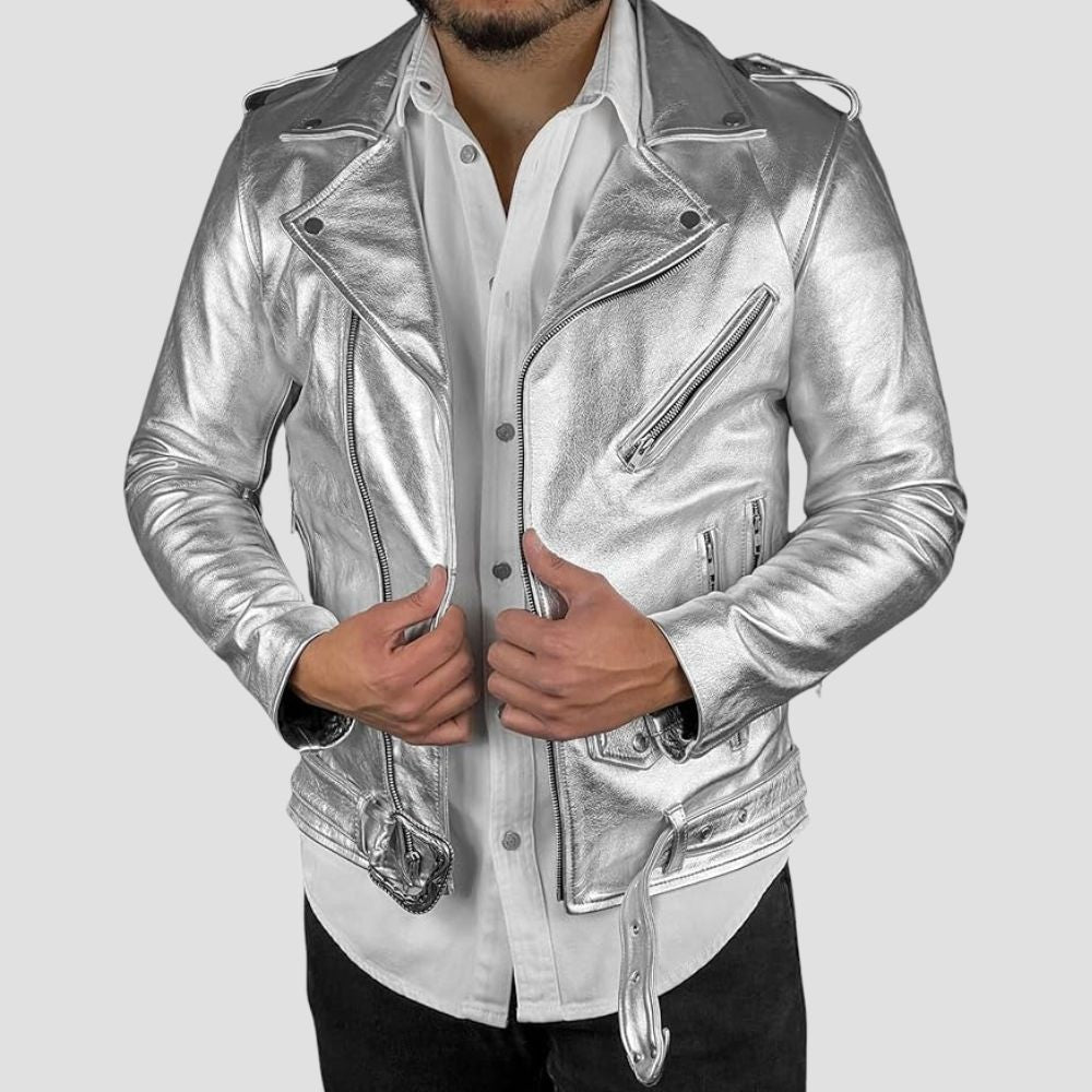 Add a touch of metallic sophistication to your urban style with this silver jacket, perfect for every fashion-conscious man.