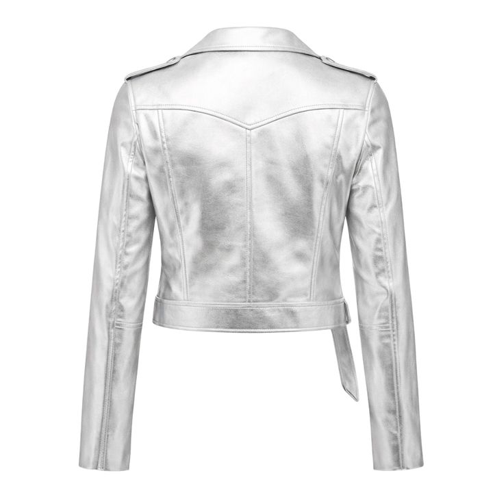 Stylish silver metallic leather jacket for women fashion outfits