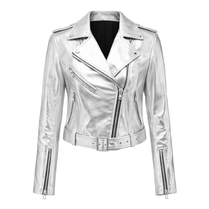 Silver metallic leather jacket for women with modern fashion style