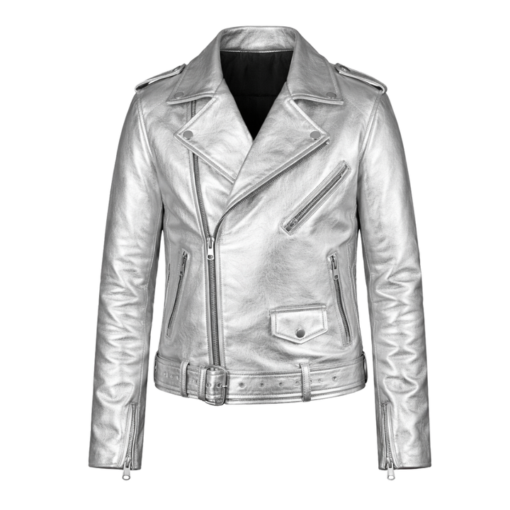 men silver metallic biker leather jacket with reflective coating