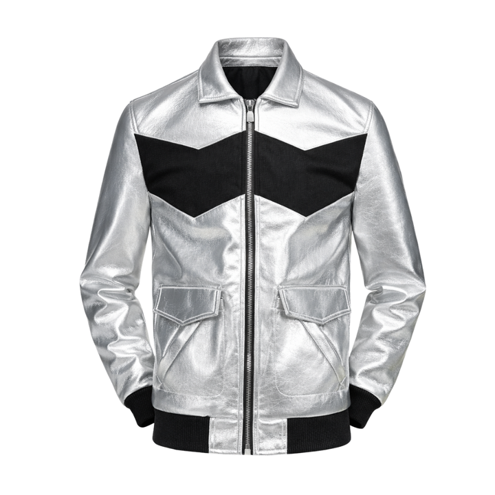 Silver metallic stylish bomber jacket with shiny finish