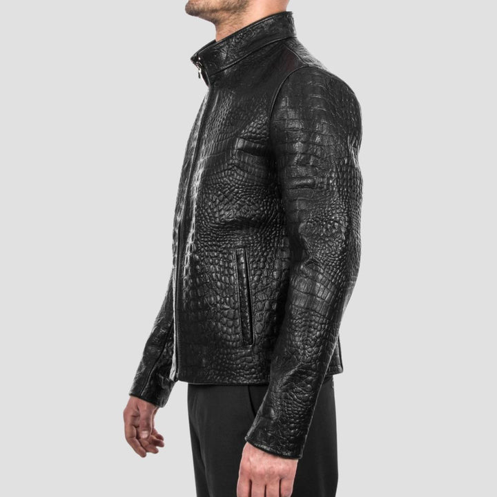 Bold and durable black crocodile leather jacket for men’s casual wear.