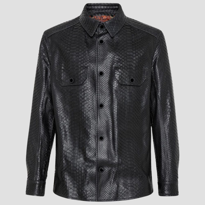 Stylish black crocodile embossed trucker leather shirt for men.