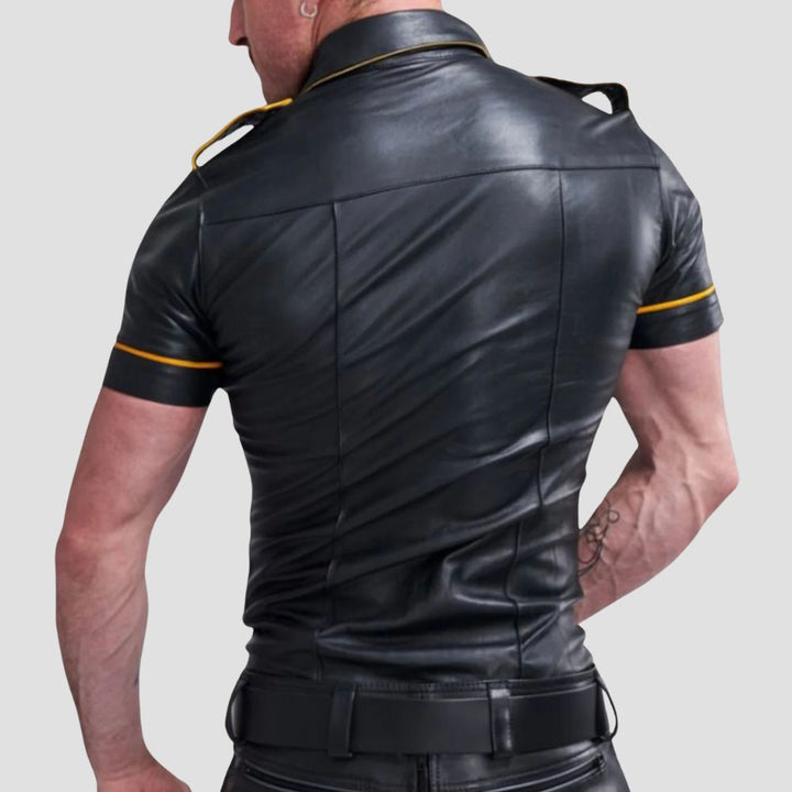 Add a touch of urban sophistication to your outfit with this sleek black leather shirt.