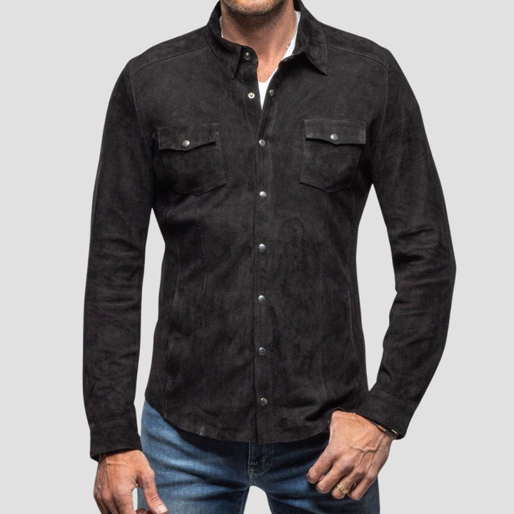 Trendy black suede leather shirt for men with a casual, modern fit.