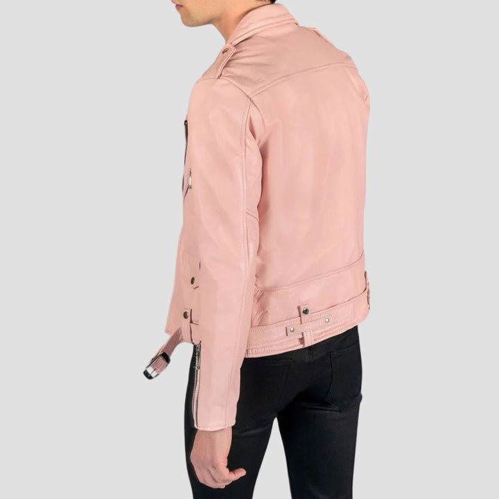 Crafted for both style and function, this pink leather motorcycle jacket is the perfect blend of modern biker aesthetics and comfort.