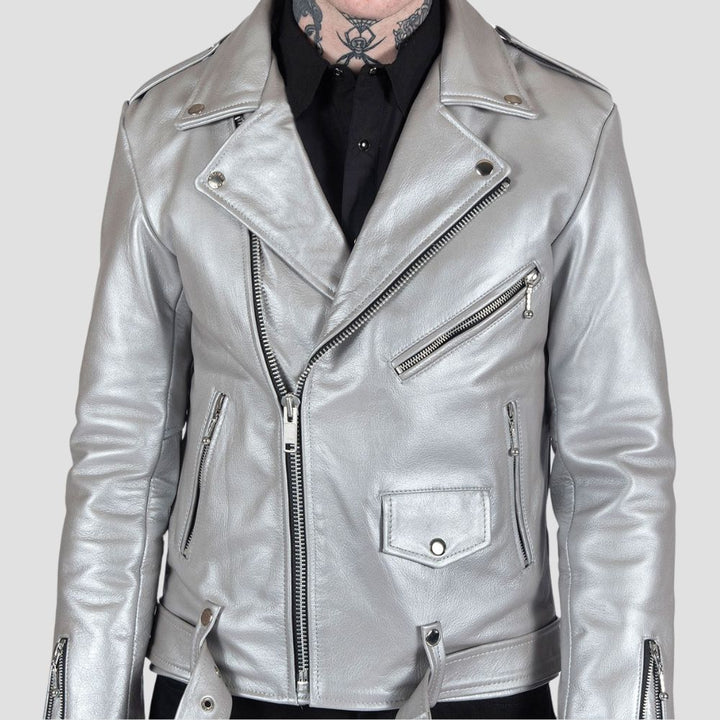 Shimmer in style with this silver bomber jacket, a must-have for fashion-forward men.